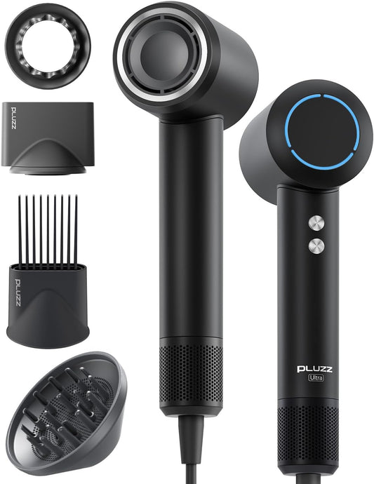 Hair Dryer with Comb & Diffuser Attachment for Curly Hair, PLUZZ 200M Negative Ionic Blow Dryer Brush, High-Speed Brushless Motor Hairdryer Fast, Portable Travel Hair Dryers Quiet, Women/Men/Kids