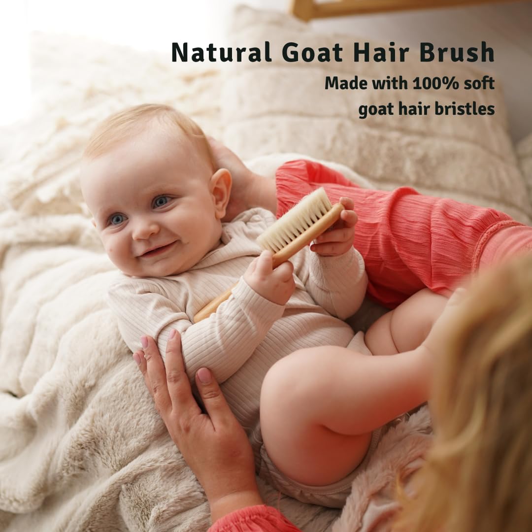 Baby Hair Brush - Ultra Soft Goat Bristles - Wooden Cradle Cap Brush for Newborns, Infants, Toddlers - Gentle Scalp Grooming and Styling for Baby Girls and Boys