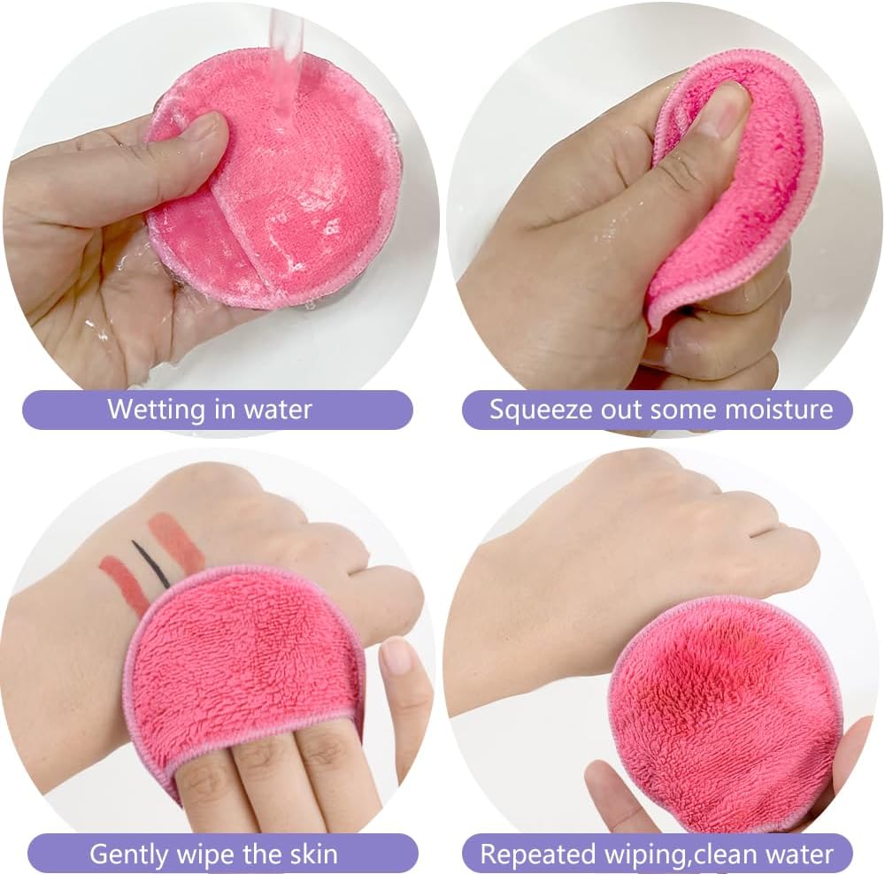 SUNLAND Reusable Makeup Remover Pads for Face,Eye,Lips 16 Pack Microfiber Face Cleansing Gloves Washable with Laundry Bag and Travel Bag Rounds Toner Pads（Round 3.15inchx16 Pink）