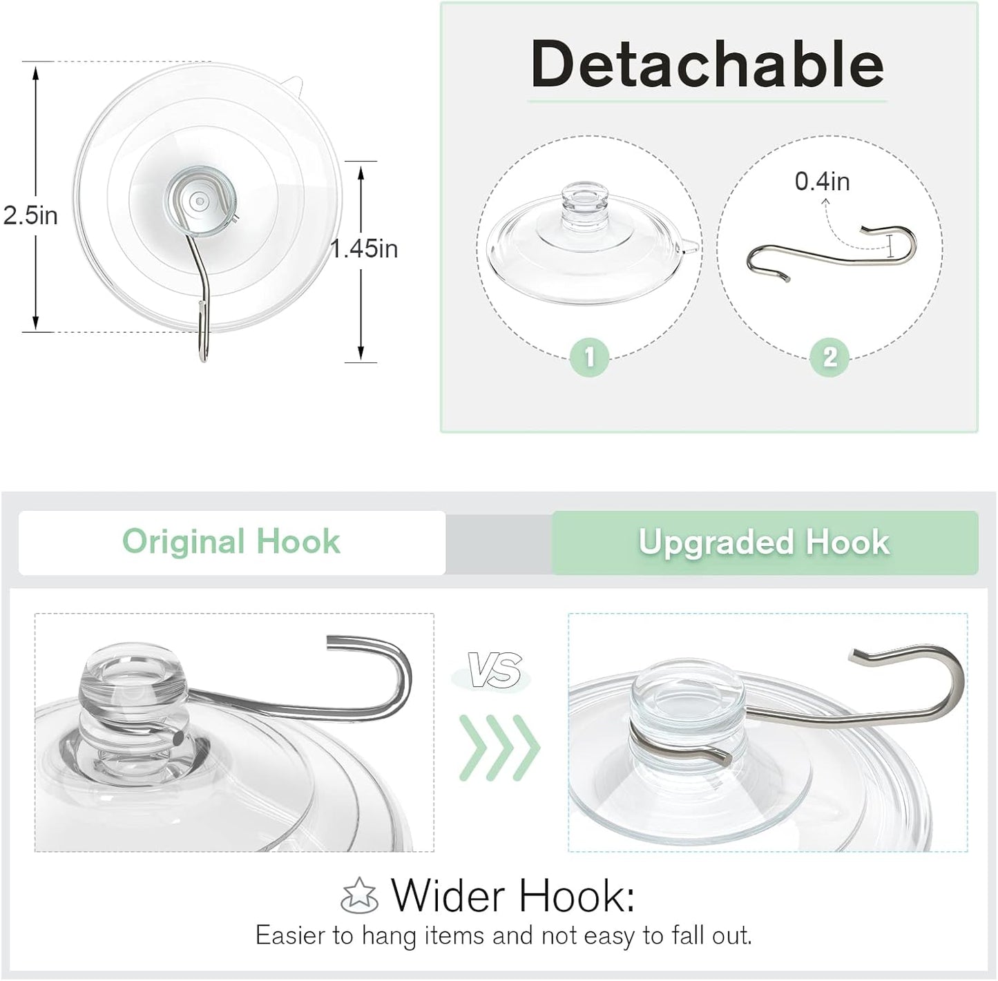VIS'V Suction Cup Hooks, 2.5 Inch Large Window Suction Cups with Metal Hooks, Removable and Reusable, Clear, 10 Pcs