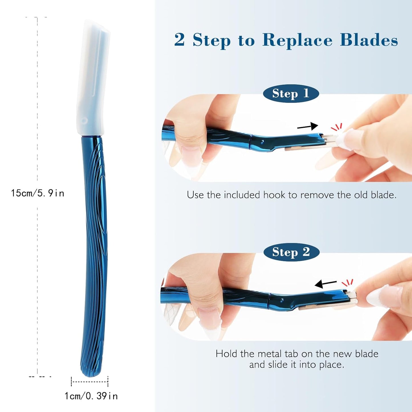 Eyebrow Razor, Face Razors for Women and Men, Reusable Metal Handle with 6 Refill Blades, Eyebrow Trimmer with Precision Cover, Dermaplane Razor, Skin Care Tool - Blue