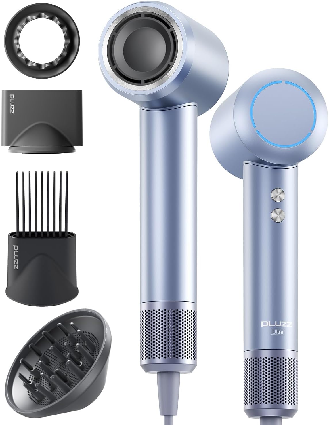 Hair Dryer with Comb & Diffuser Attachment for Curly Hair, PLUZZ 200M Negative Ionic Blow Dryer Brush, High-Speed Brushless Motor Hairdryer Fast, Portable Travel Hair Dryers Quiet, Women/Men/Kids