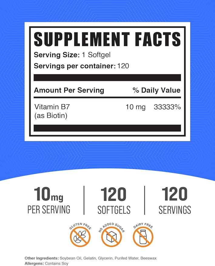 BulkSupplements.com Biotin 10000mcg Softgels - Vitamin B7, Biotin Vitamins for Hair, Skin and Nails, Biotin Supplement - Gluten Free, 1 Softgel per Serving, 120 Count (Pack of 1)