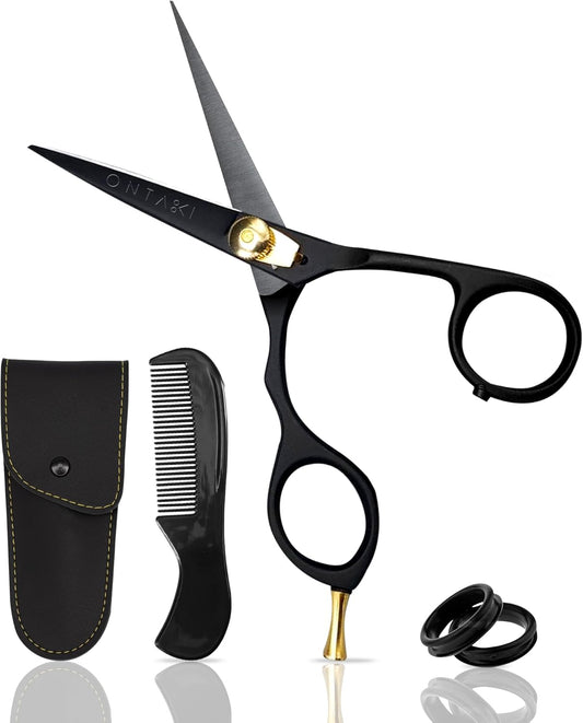 Ontaki Hair Cutting Scissors - 5.5 in, Ergonomic Black, Left Handed - 420C Japanese Steel Beard & Mustache Scissors with Mustache Comb & Pouch & Barber Shears