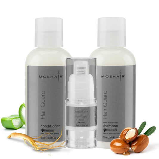 MOEHAIR Travel Trio Pack of Hair Guard Shampoo & Conditioner (3.4 Fl. Oz) with Hair Tonic (0.5 Fl. Oz) | Travel-Friendly | Improves Hair & Scalp Health | Paraben & Sulfate Free