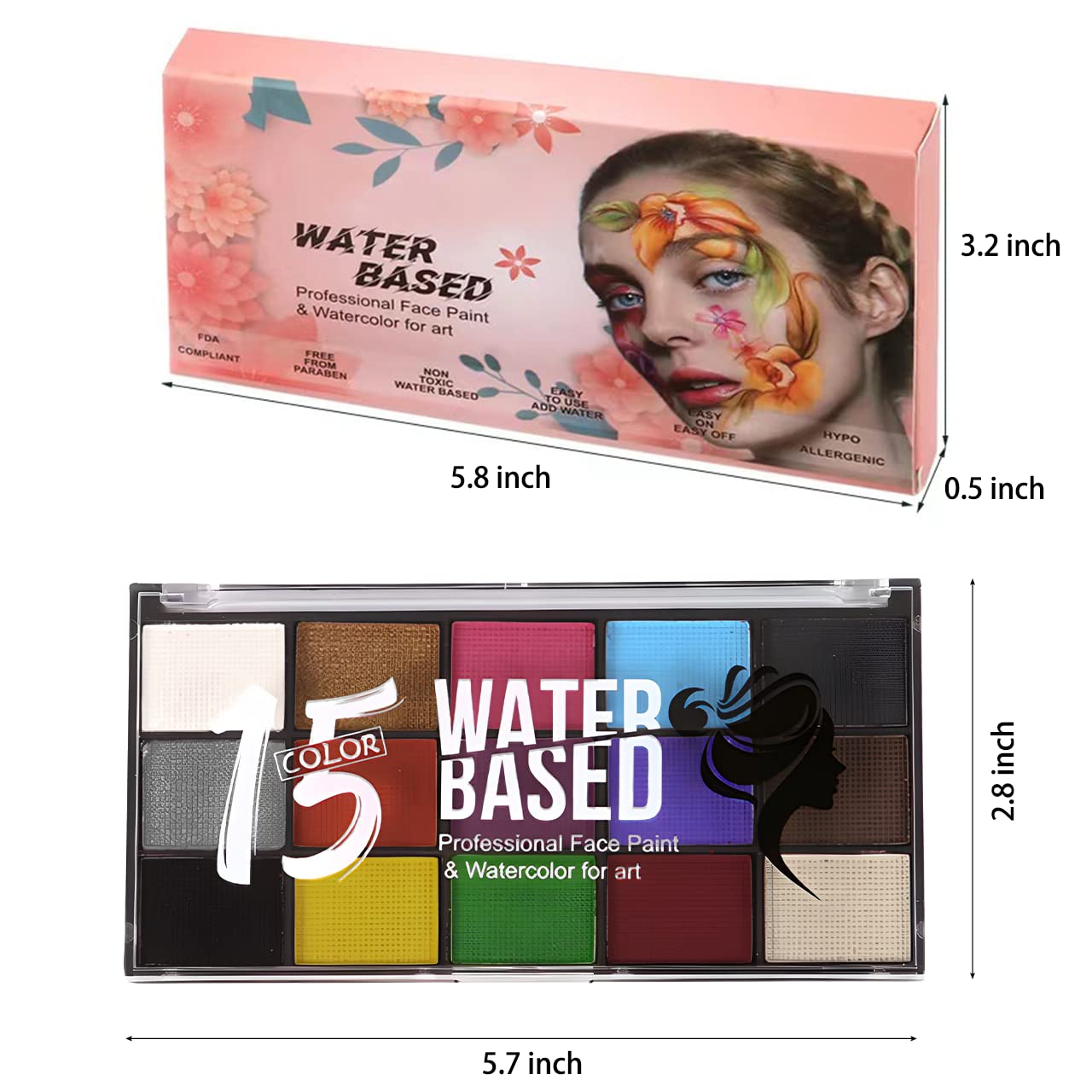 Face Paint Kit, Painting Palette with Brushes Body Paint Face Makeup Safe and Easy to Clean for Halloween Carnivals Cosplay Party Stage Performances (15 Colors+12 Brushes+6 Stickers)