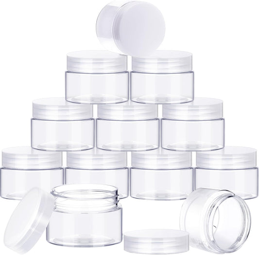 SATINIOR 12 Pack Plastic Container Jars with Lids Round Clear Travel Cosmetic Container Jars for Toiletries, Lotion, Cream, Ointments, Makeup, Rhinestone, Samples, Kitchen Storage(2 oz,White)
