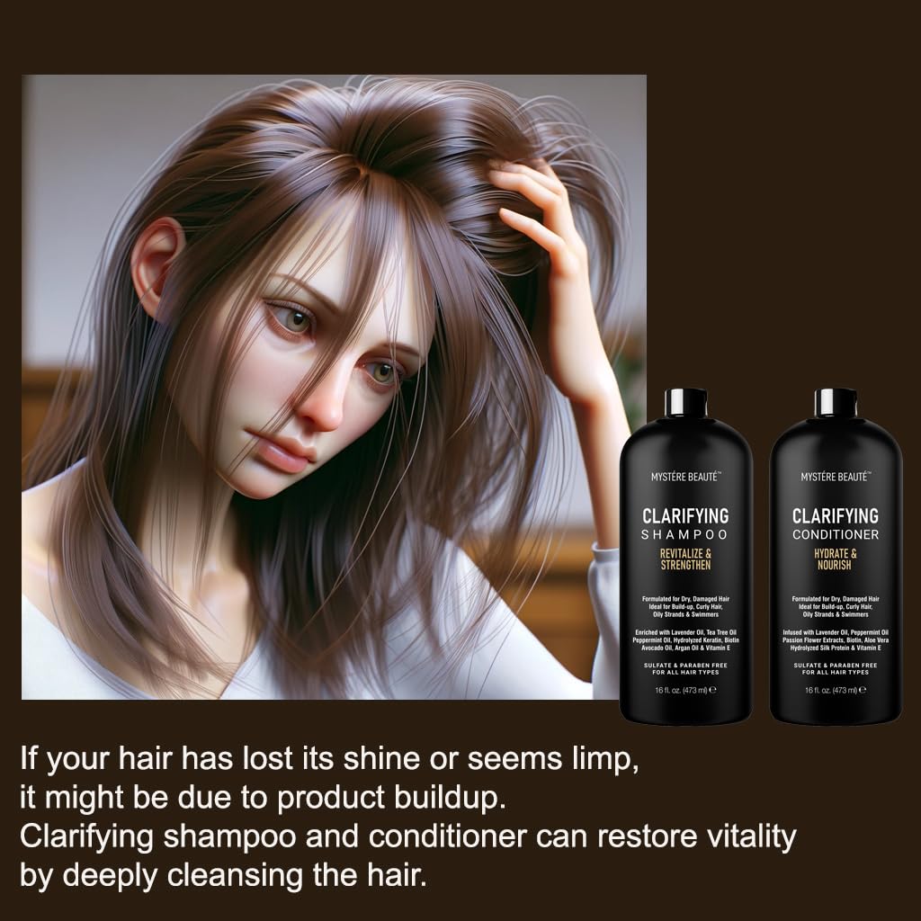 Clarifying Shampoo and Conditioner Set- Hydrating, Calming & Removes Buildup, For All Hair Types, Clarifying Cleanse for Dirt, Oil & Hard Water Buildup, for Men Women MYSTÉRE BEAUTÉ - 16 fl oz each