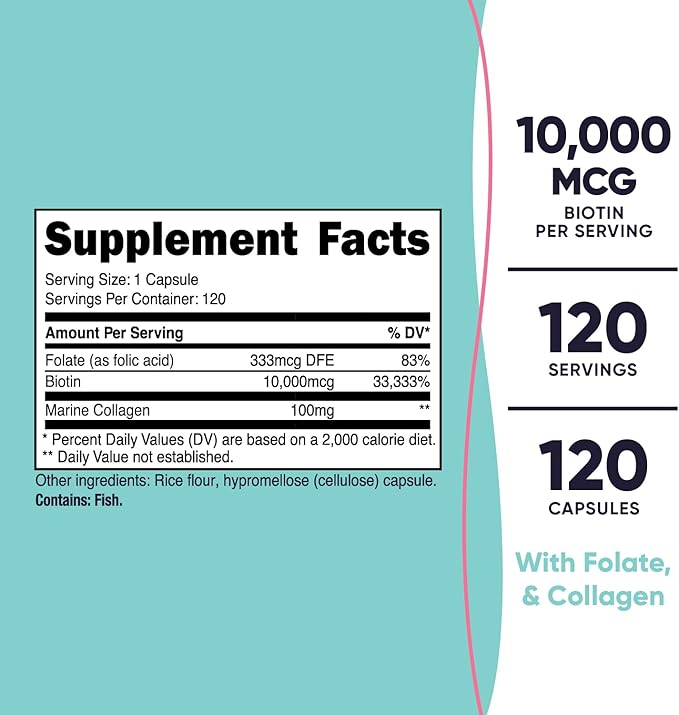 Nutricost Biotin for Women 10,000mcg 120 Capsules - with Folate & Collagen, Gluten Free & Non-GMO