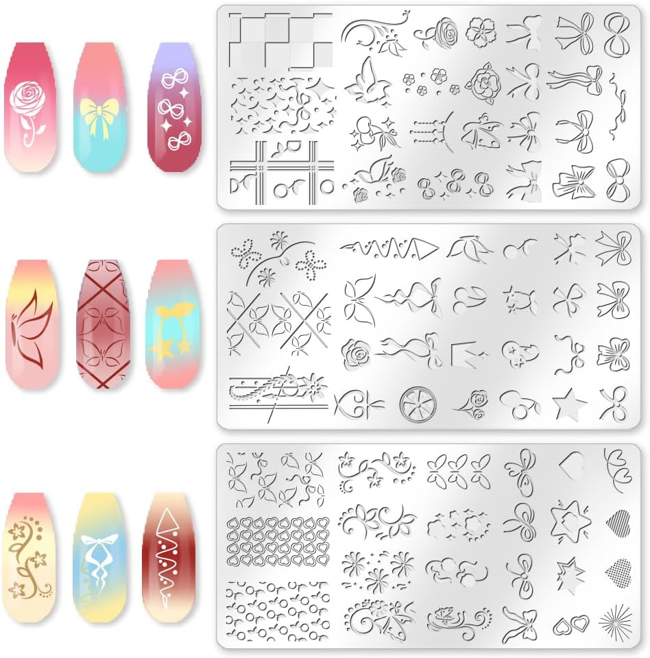 3Pcs Bow Nail Stamping Plate Set Butterfly Flower Cherry Nail Stamp Templates French Line Tip Stainless Steel DIY Reusable Tools with Stamper Scraper for Manicure Printing