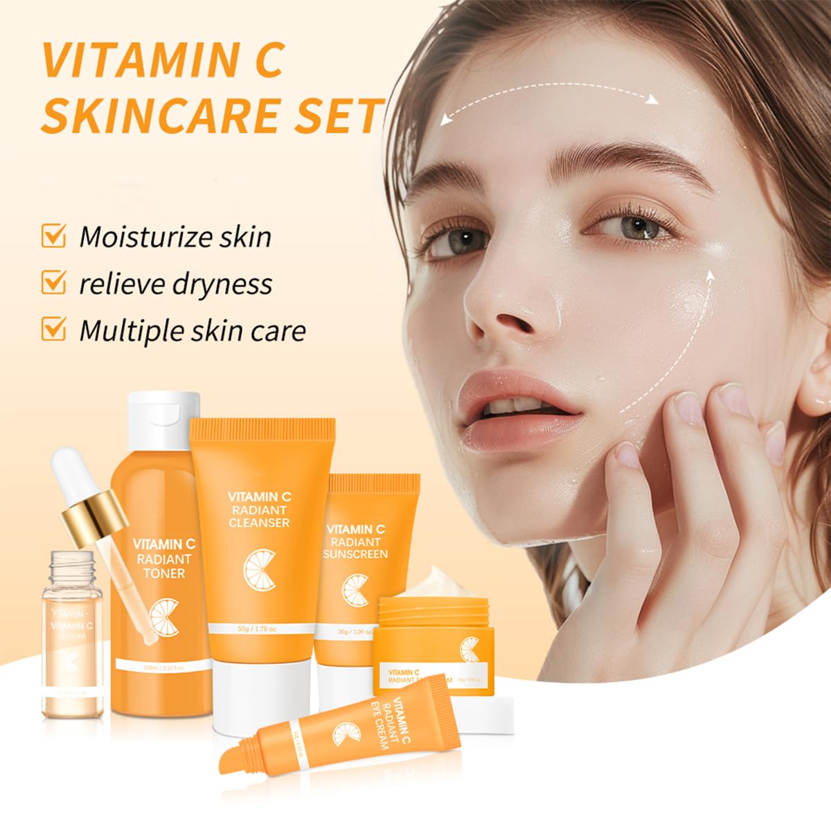 6PCS Hydrating Skin Care Set with Vitamin C,Face Care Kit Includes Serum,Face Cream,Eye Cream,Toner,Sunscreen,Cleanser,Face Care Set for Women,Unique Gift