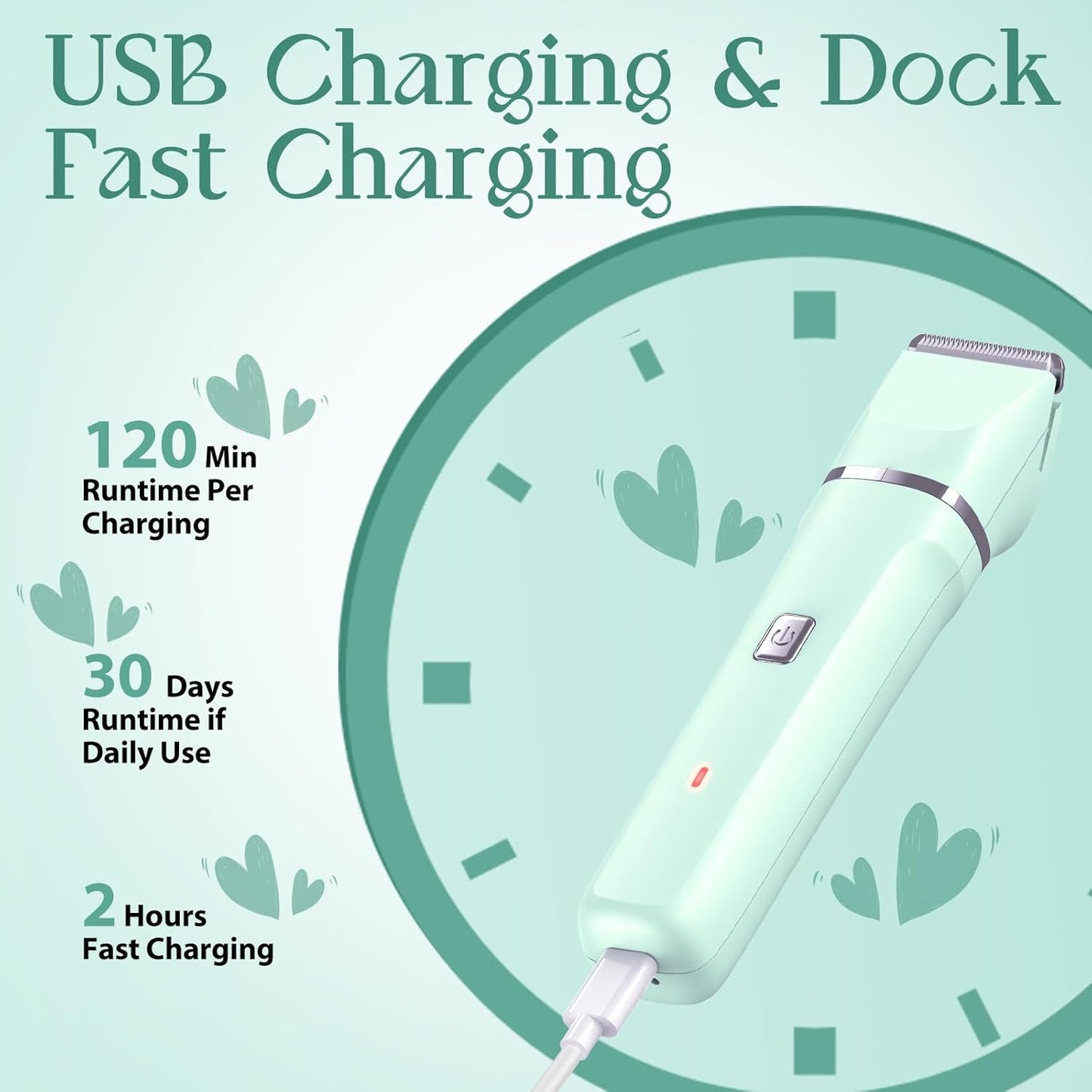 Pubic Hair Trimmer Women for Bikini Area & Body - Electric Razor Shaver with Ceramic Blade, Detachable Head, Waterproof IPX7, Battery Indicator, Fast Charging, Wet/Dry Groomer Set - Green