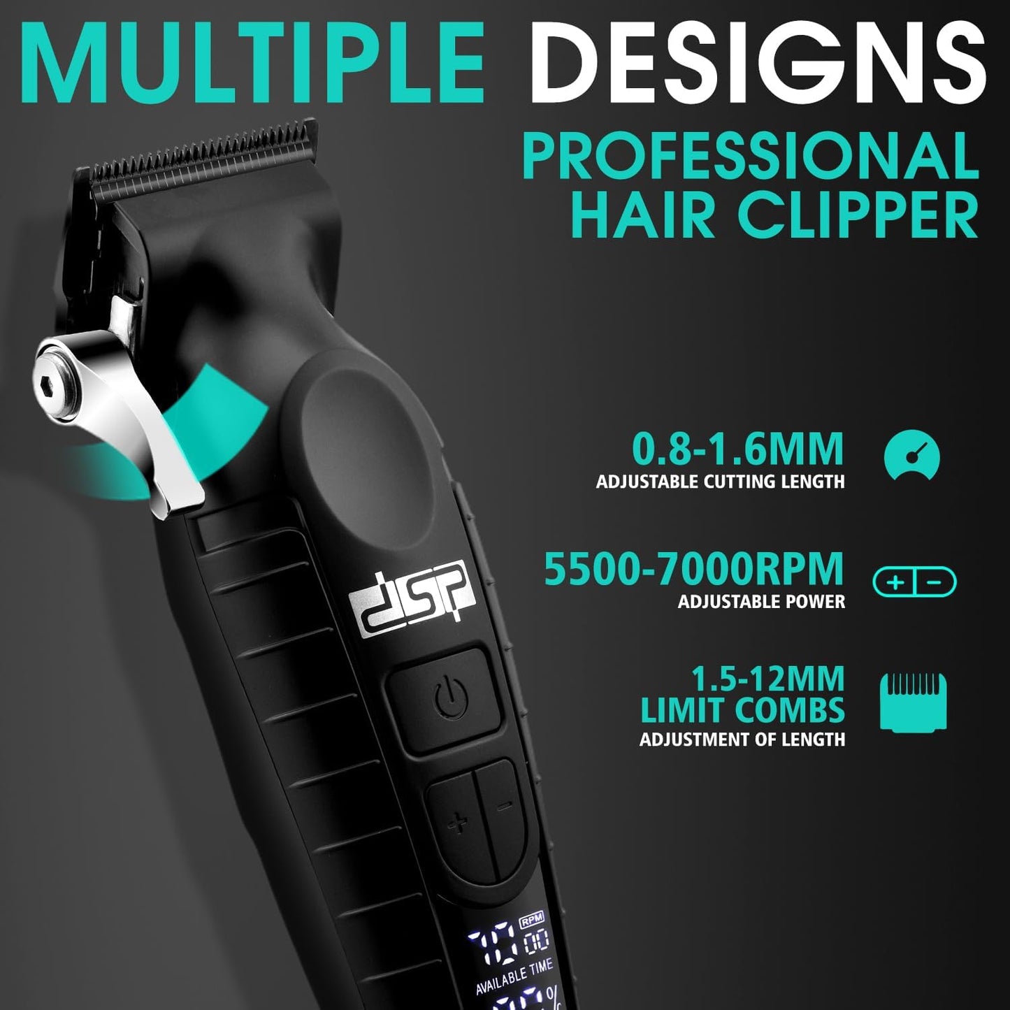 DSP Professional Hair Clipper for Men, Cordless Barber Clippers DLC, 7000RPM, Speeds Adjustable, Travel Lock, Low Noise with Charging Base
