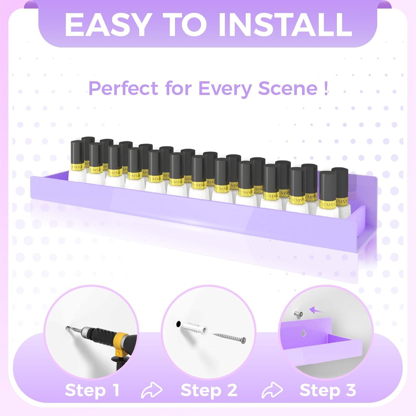 4 Pack 15 Inch Purple Acrylic Shelves, Kids Floating Bookshelf for Kids Room, Modern Nail Polish Rack Sunglasses Essential Oil Picture Ledge Display Toy Storage Wall Shelf