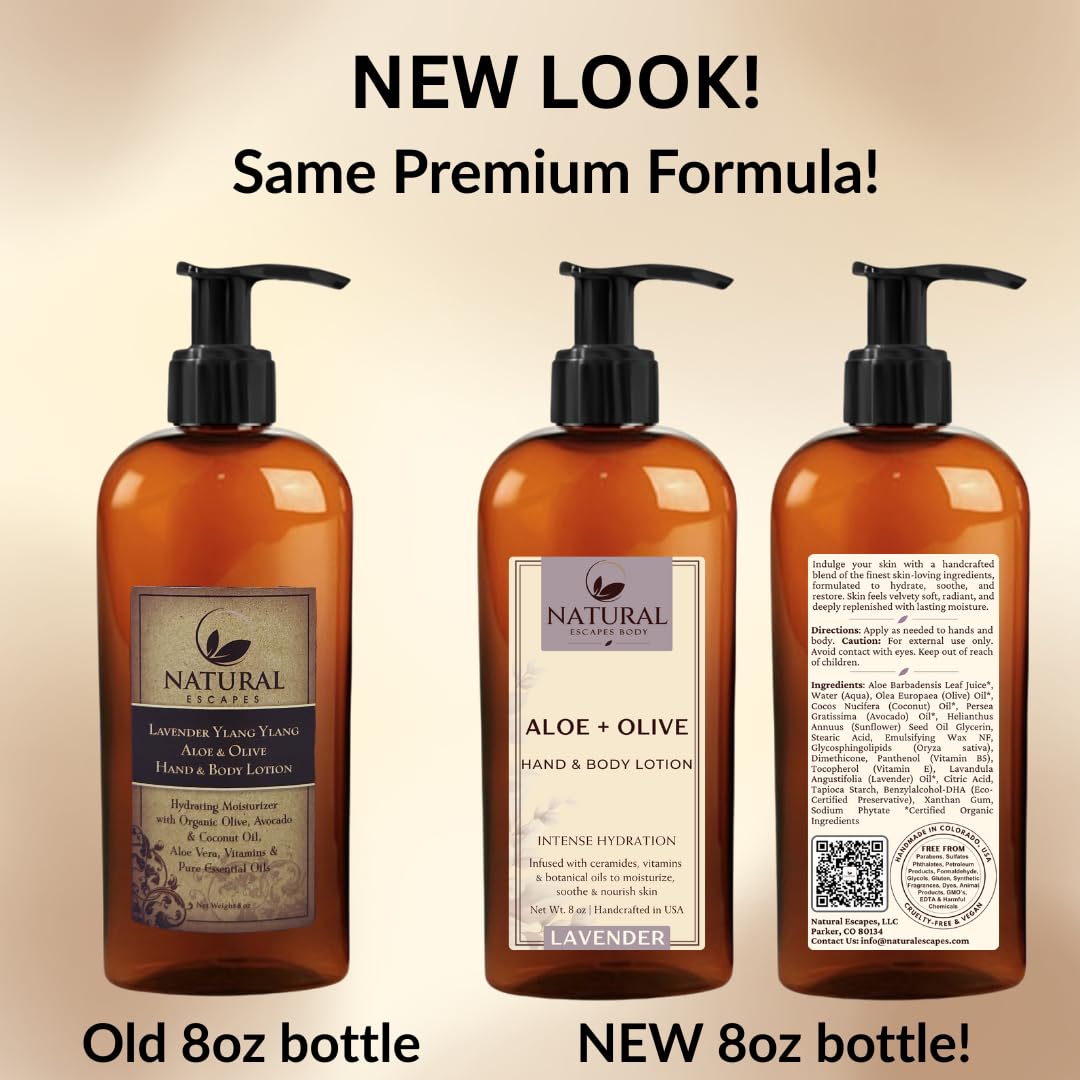 Natural Escapes Lavender Body Lotion for Dry Sensitive Skin, Eczema Relief Moisturizer with Aloe Vera, Olive Oil, Ceramides, Vitamin B5 and E, Hand and Body Cream for Women and Men, 8oz