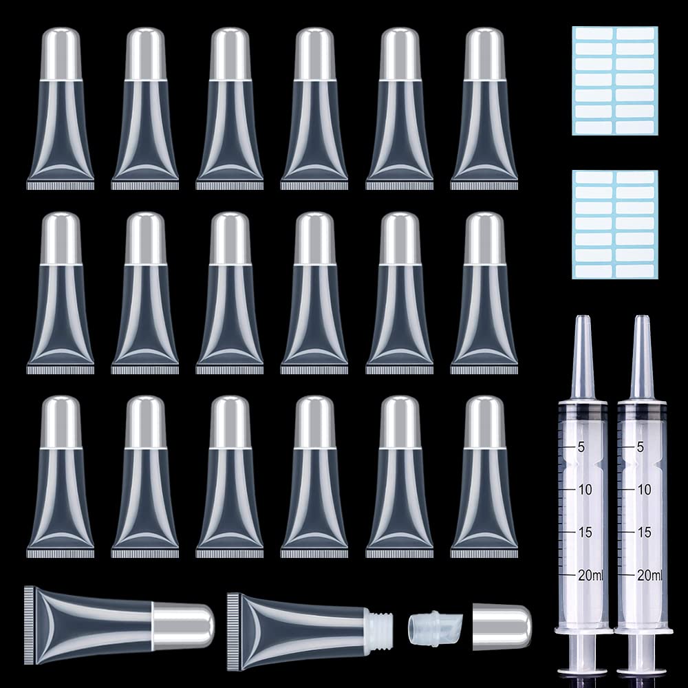 AMORIX 50PCS Lip Gloss Tubes 5ml Silver Cap Lip Gloss Containers Empty Lip Balm Tubes Refillable Cosmetic Squeeze Lipgloss Tubes + 2 x 20ml Syringes Tag Labels for DIY Lip Gloss Base Glitter