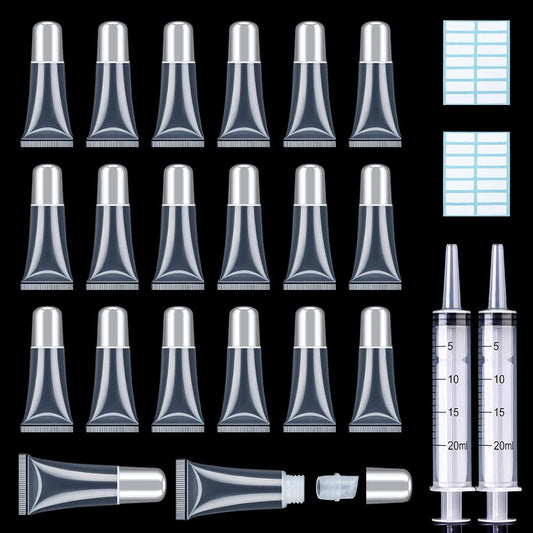 AMORIX 50PCS Lip Gloss Tubes 5ml Silver Cap Lip Gloss Containers Empty Lip Balm Tubes Refillable Cosmetic Squeeze Lipgloss Tubes + 2 x 20ml Syringes Tag Labels for DIY Lip Gloss Base Glitter