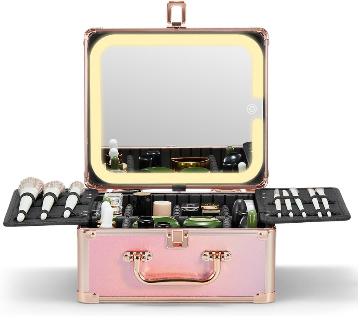 Qislee Makeup Box with A Detachable Lighted Mirror, Waterproof Travel Train Case, Cosmetic Organizer and Makeup Suitcase with Adjustable Dividers, Magnetic LED Mirror(Sparkling Gradient Pink)