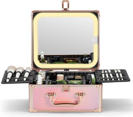 Qislee Makeup Box with A Detachable Lighted Mirror, Waterproof Travel Train Case, Cosmetic Organizer and Makeup Suitcase with Adjustable Dividers, Magnetic LED Mirror(Sparkling Gradient Pink)