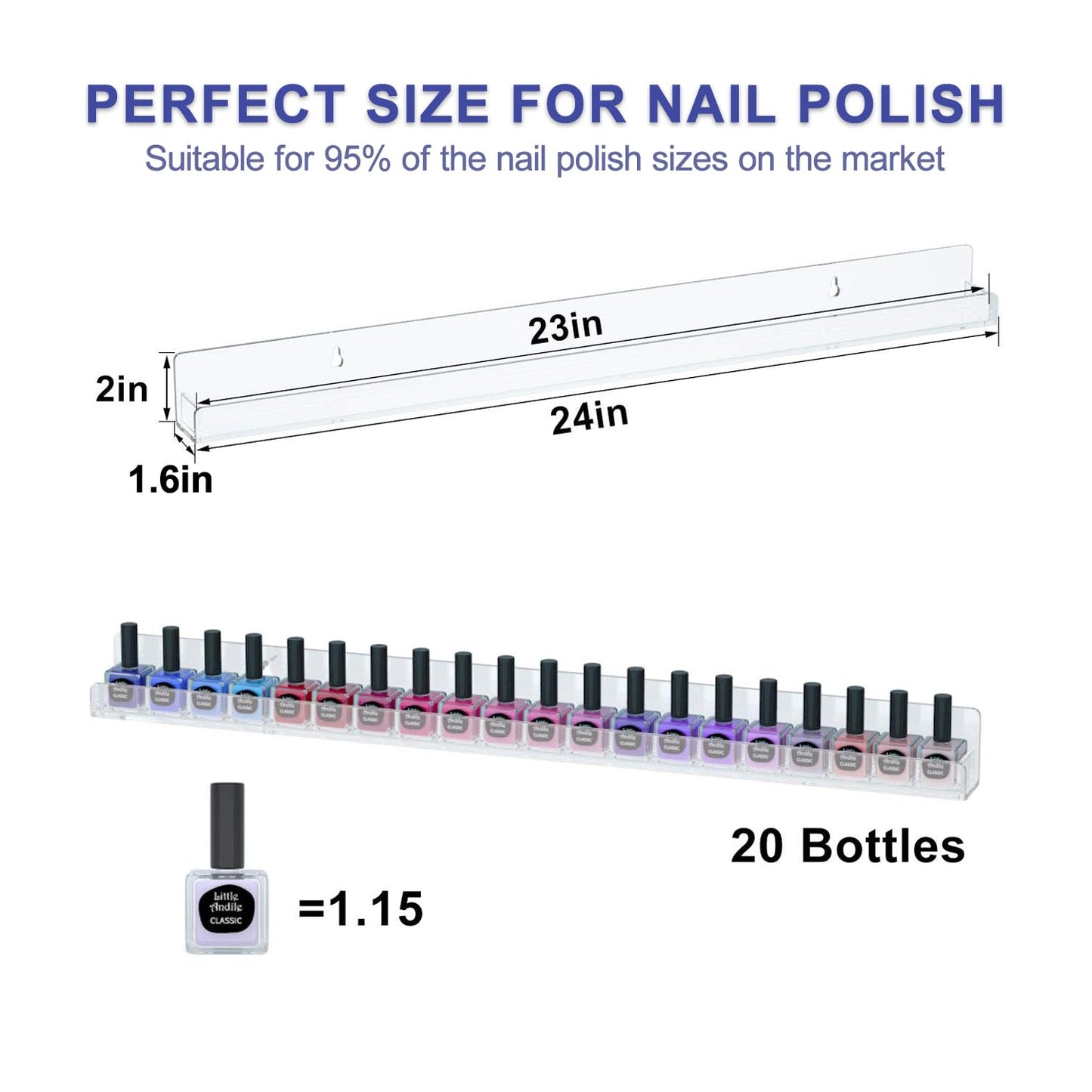 FEMELI 24 Inch Nail Polish Wall Rack: 6 Shelves Clear Acrylic Nail Polish Holder Organizer for 130-180 Bottles (24 Inch, Clear)