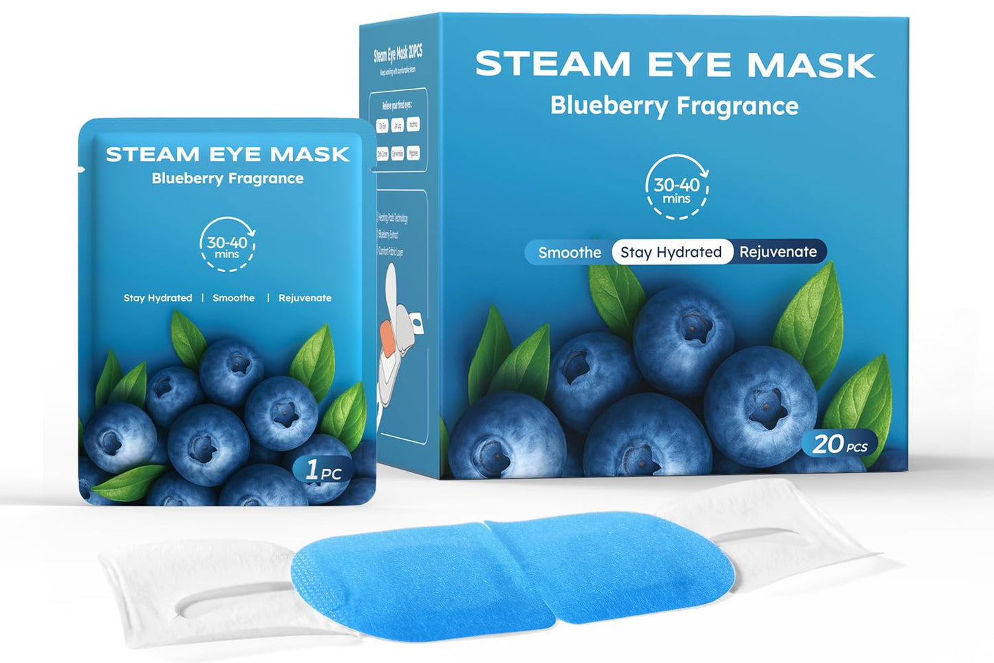 20 Packs Steam Eye Masks for Dry Eyes, Warm Compress Relief for Eye Fatigue & Puffiness, Sleep Heated Eye Mask, Disposable Travel Essentials, Spa Relaxation Gift Women, Party Favors Adults, Blueberry