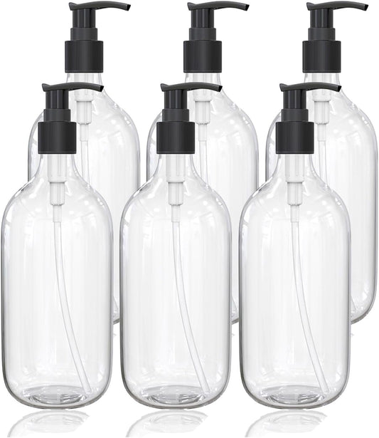 10 Ounce Clear Plastic Pump Bottle Dispenser, Refillable Empty Bottle Container with Pump for Essential Oil Soap Lotion Shampoo, 6 Pcs