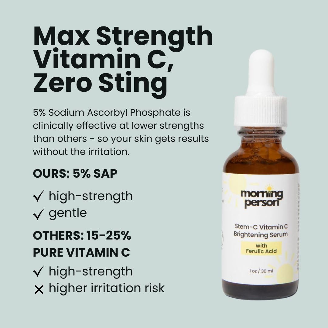Stem-C Vitamin C Brightening Serum with Ferulic Acid, Vitamin E and Hyaluronic Acid - Improves Dark Spots And Uneven Skin Tone - Hydrating And Nourishing
