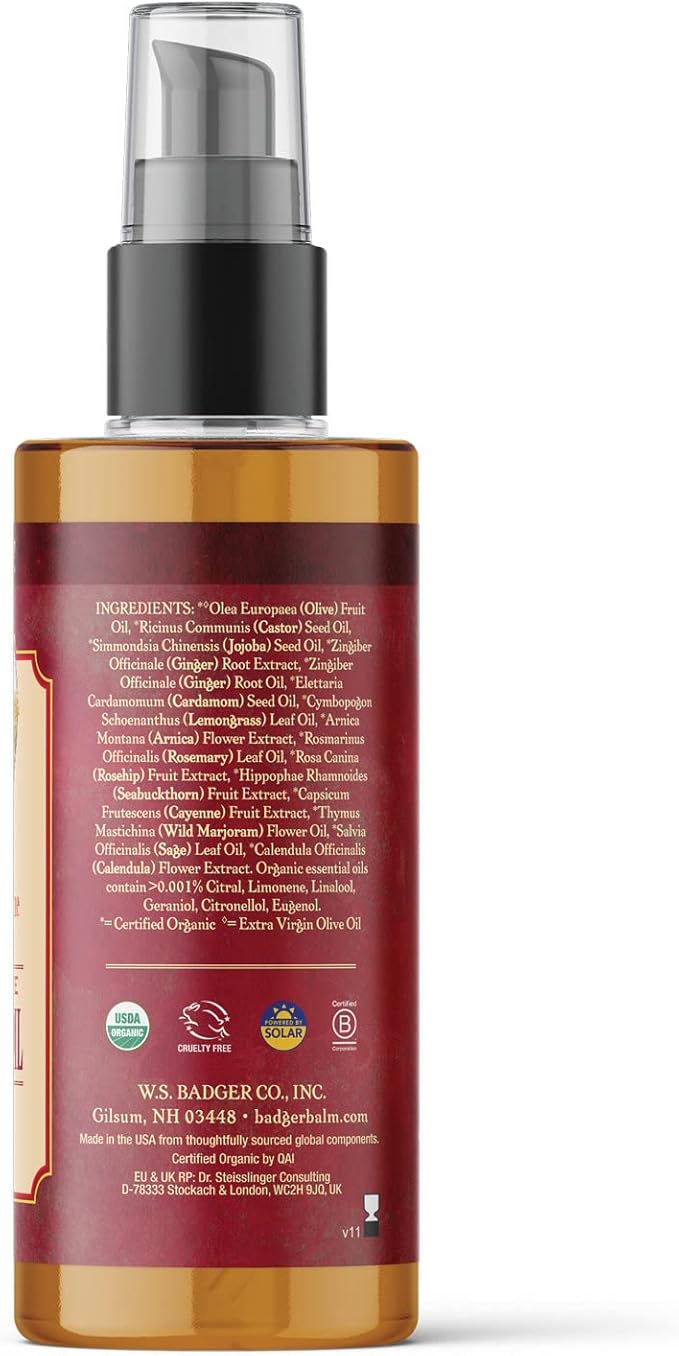 Badger Ginger Massage Oil, 100% Organic Massage Oil, w/Arnica Oil & Cayenne for Warming Soothing Deep Tissue Sore Muscle Relief, 4 fl oz Glass Bottle