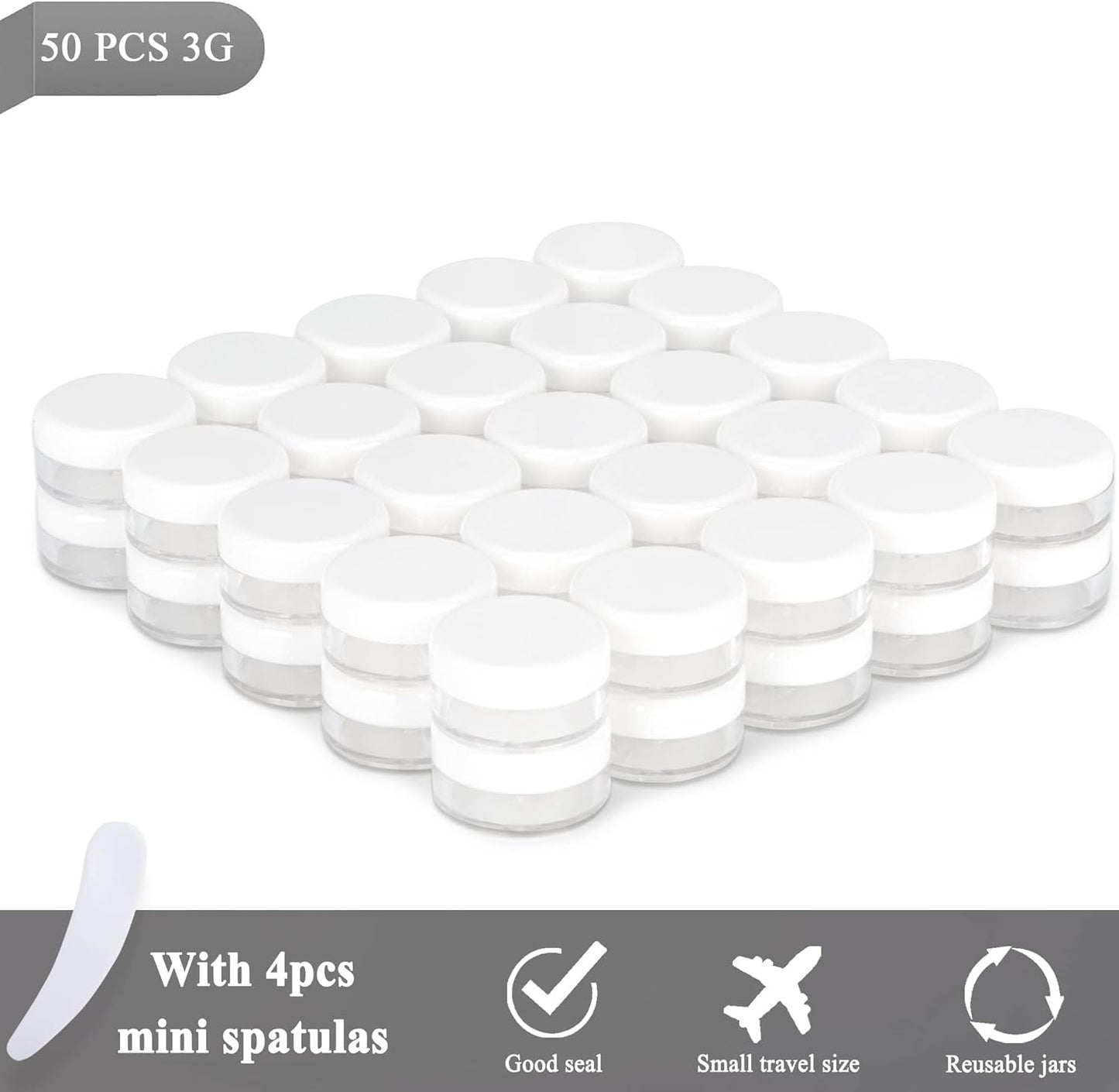 50PCS 3 Gram Sample Containers, 3ml Empty Jars with Lids, Small Cosmetic Containers, Mini Sample Jars with 4PCS Mini Spatulas for Make Up, Oils, Lotion, Powder, Paint, Jewelry, Lip Balms(White Lid)
