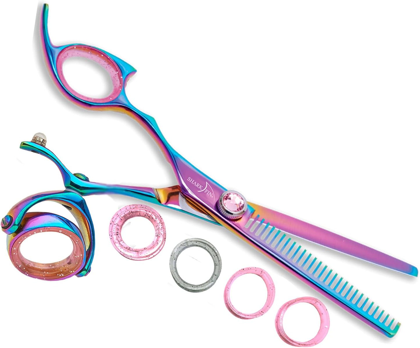Sharkfin Shears Professional Left HandedSuper Swivel Rainbow 28 Tooth Thinner