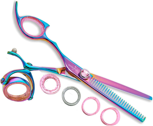 Sharkfin Shears Professional Left HandedSuper Swivel Rainbow 28 Tooth Thinner