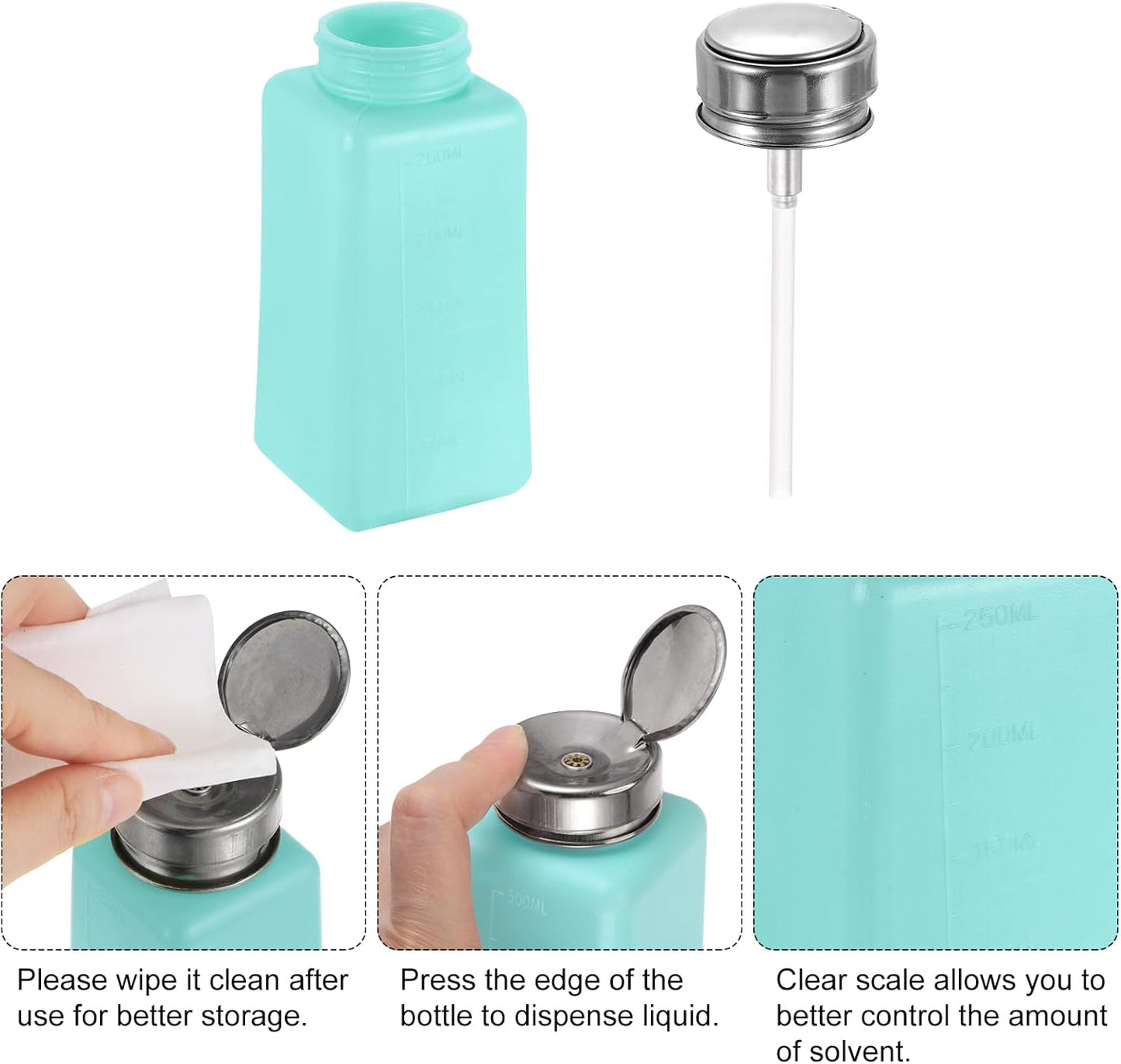 HARFINGTON 4PCS 250ML(8.5oz) Push Down Alcohol Dispenser Pump Liquid Press Empty Bottles Refillable Container for Cleanser Nail Polish Remover, Green