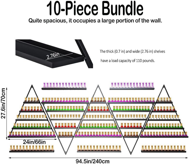 10 Packs Metal Nail Polish Storage Racks, 5 Tiers Wall-Mounted Triangular Display Rack Holds 600 Bottles Cosmetic Display Cases & Lipstick Perfume Display Rack for Home Spas Salons (Black)