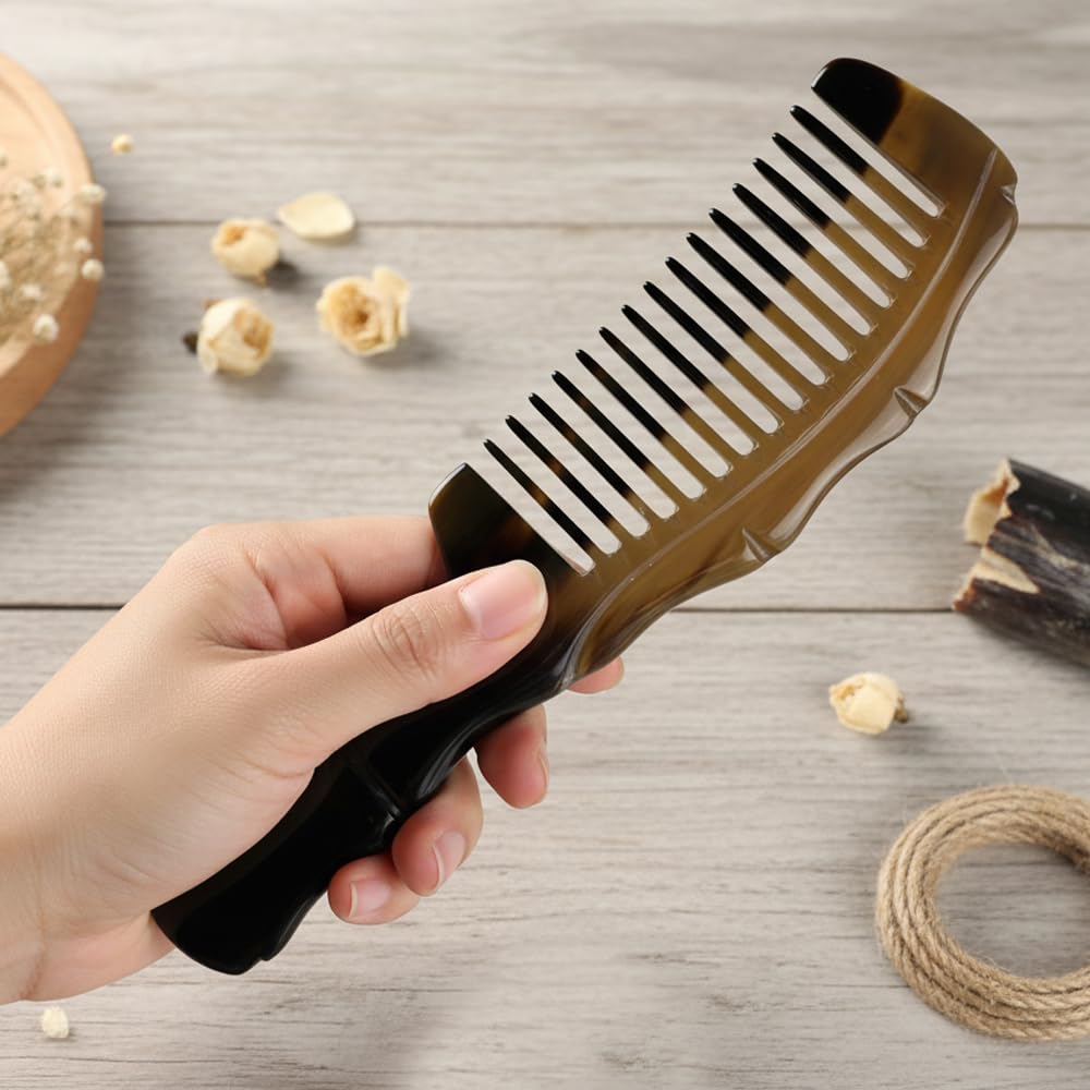 Natural Buffalo Horn Hair Comb, 8 Inch Wide Tooth, Handmade Detangling Comb with Handle for All Hair Types