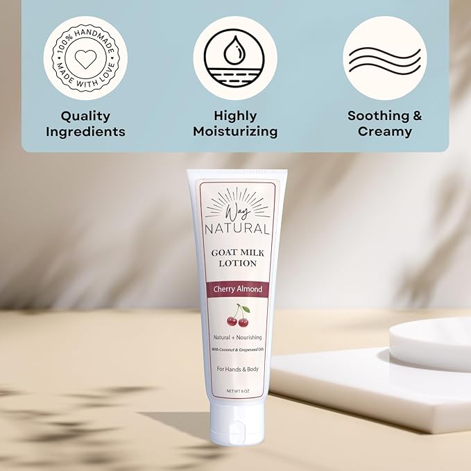 Goat Milk Lotion, Cherry Almond (8oz) - Natural Hand & Body Lotion - Dry Skin Relief, USA Made - Goat Milk Hand Cream for Women & Men - w/Shea Butter & Aloe