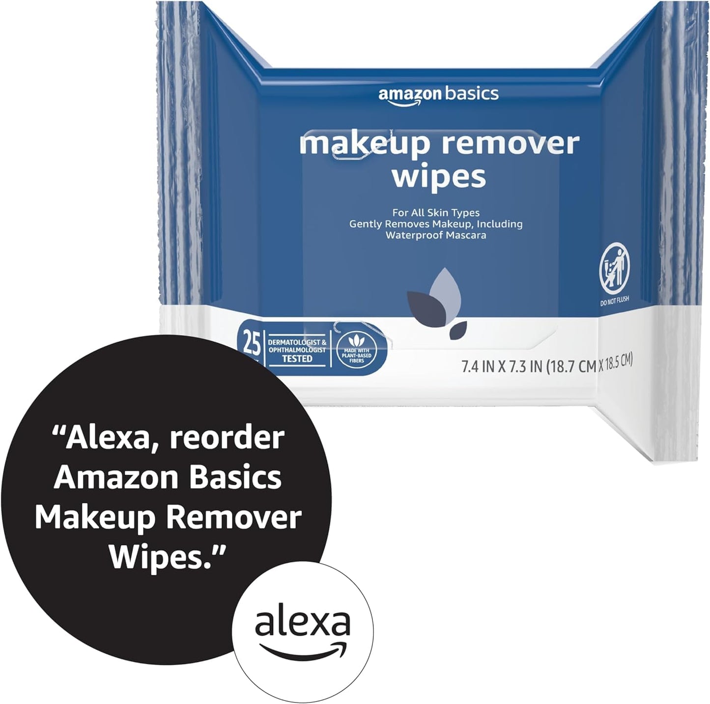 Amazon Basics Makeup Remover Wipes, Gentle Cleansing, Dermatologist Tested, Original, Plant Based, Alcohol-Free, Removes Waterproof Mascara, 25 Count Per Pack, Pack of 1