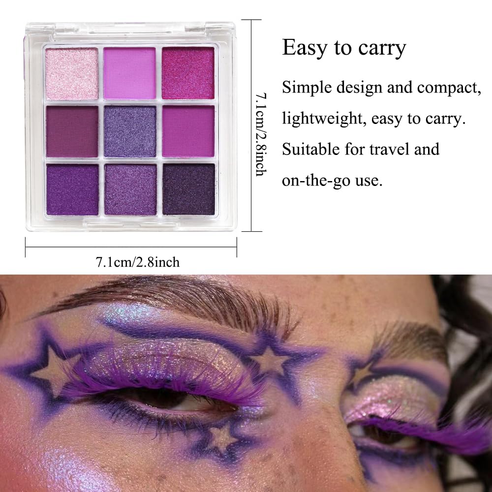 Purple Glitter Matte Eyeshadow Palette, 9 Colors Shimmer High Pigmented Eyeshadow Powder, Dream Purple Eye Shadow Palette Makeup,Waterproof Blendable Colorful Eyeshadow Palette for Girl Women