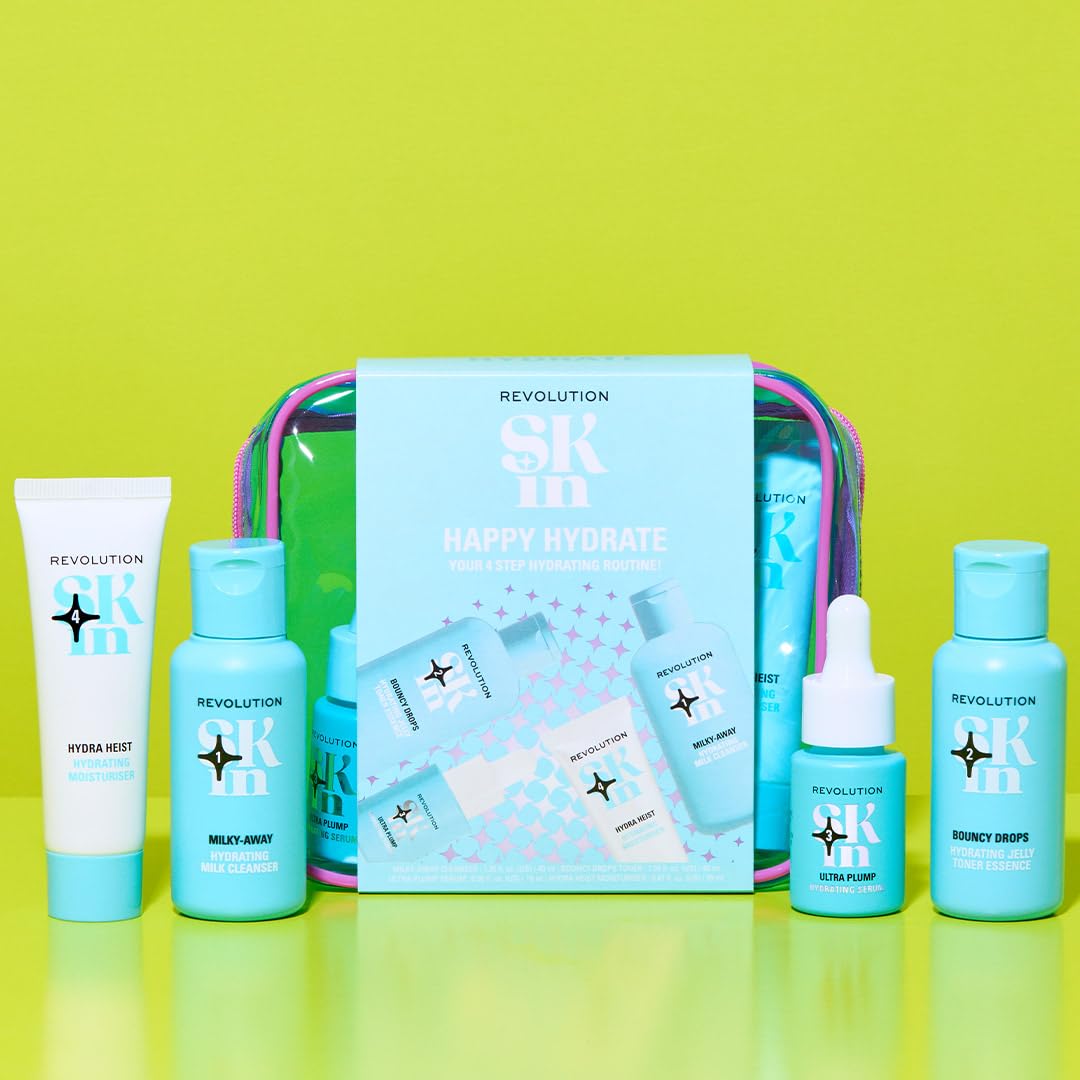 Revolution Skin, Happy Hydrate 4 Step Starter Kit, Hydrating Skincare Set with Cleansing Milk, Essence, Serum & Moisturizer, Vegan & Cruelty-Free, 4 Mini Products