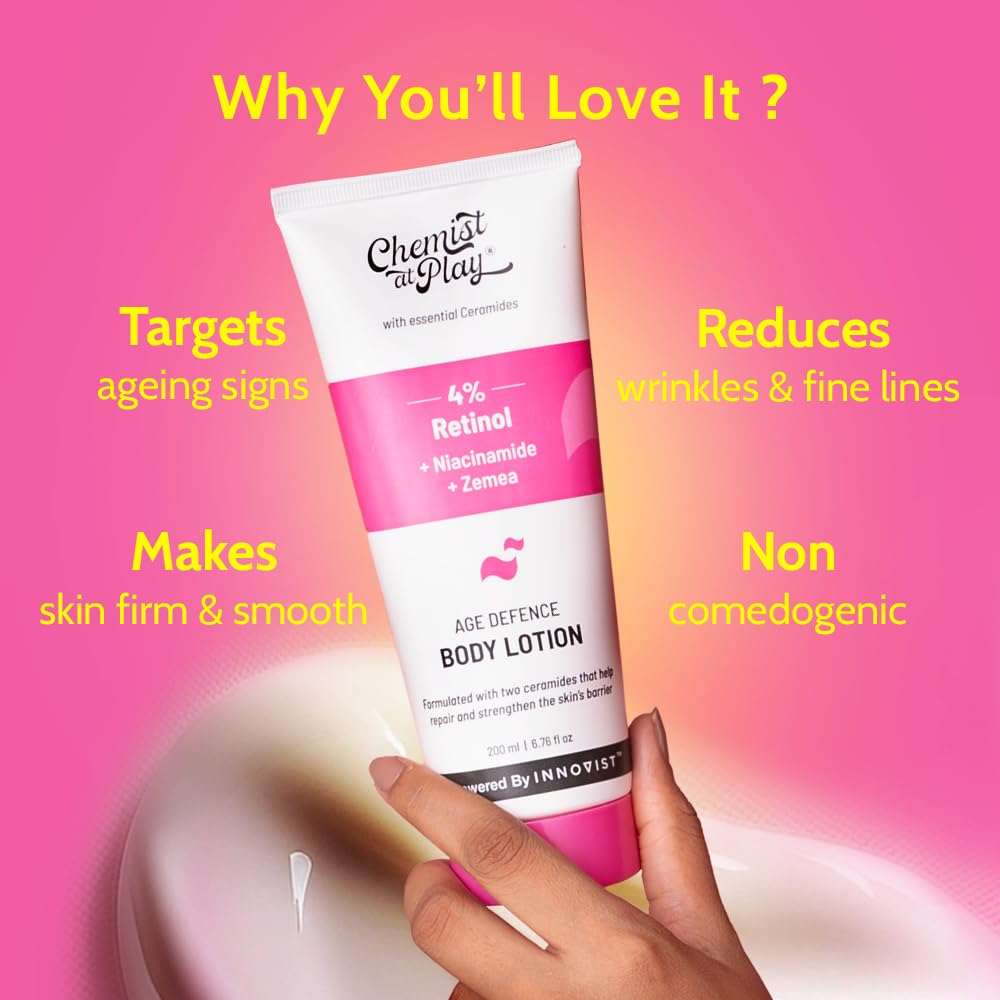 Chemist at Play Anti-Aging Body Lotion with 4% Retinol, Niacinamide & Zemea | Skin Brightening Lotion | Body Lotion for Dry & Oily Skin | Fights Visible Signs Of Aging | Nourshes Skin 7 fl oz.