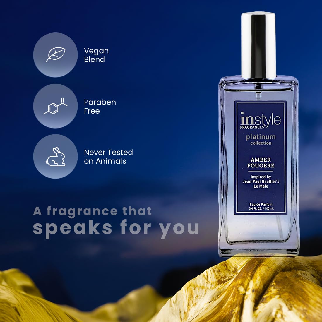 InStyle Fragrances, Platinum Collection, Amber Fougere, Inspired by Jean Paul Gaultier’s Le Male, Men’s Eau de Parfum, CLEAN, Vegan, Paraben-Free, Never Tested on Animals, 3.4 Fluid Ounces