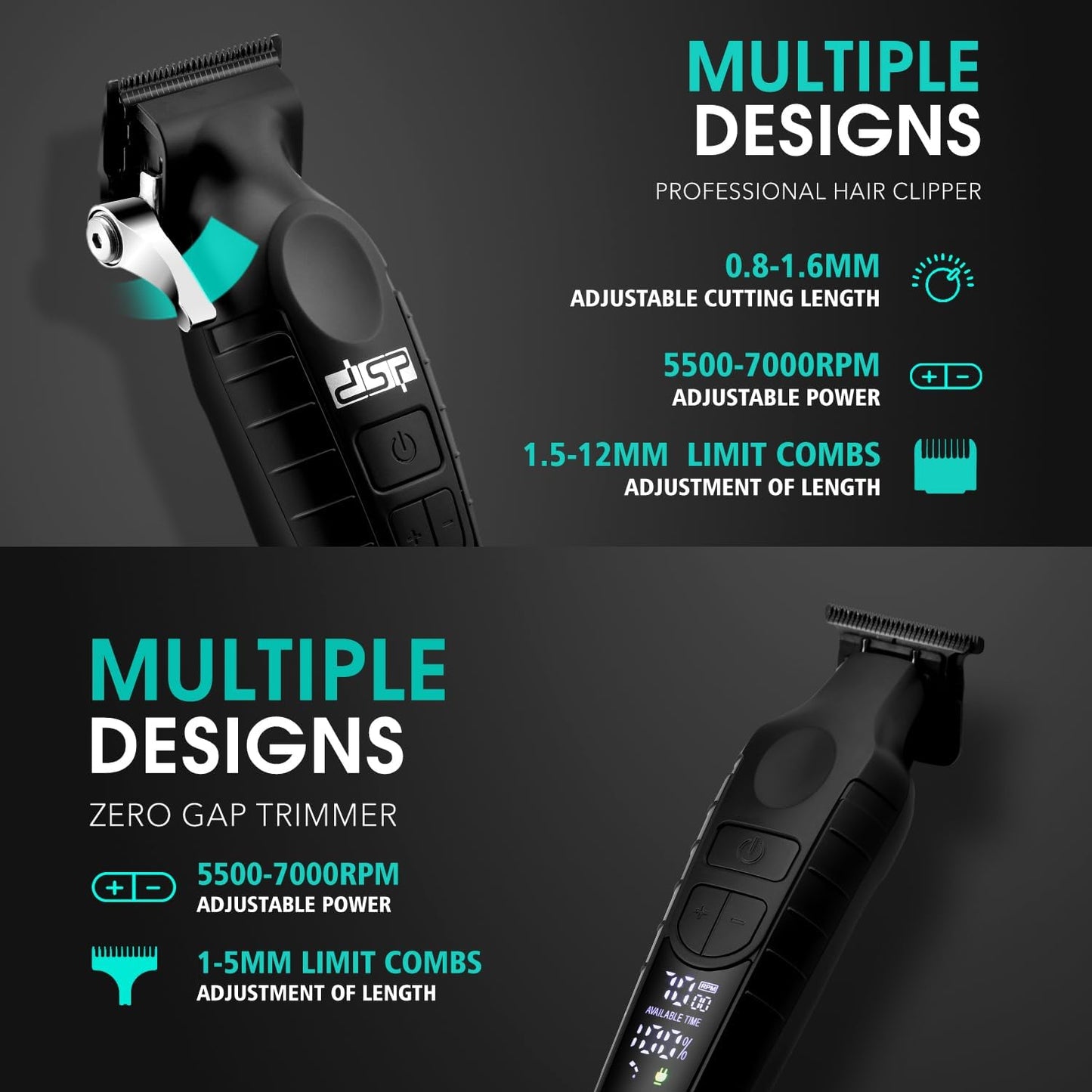 DSP Professional Hair Clippers Set for Men, Cordless Barber Clipper Beard Trimmer DLC, USB Rechargeable, Speeds Adjustable, Travel Lock, Low Noise with Charging Base