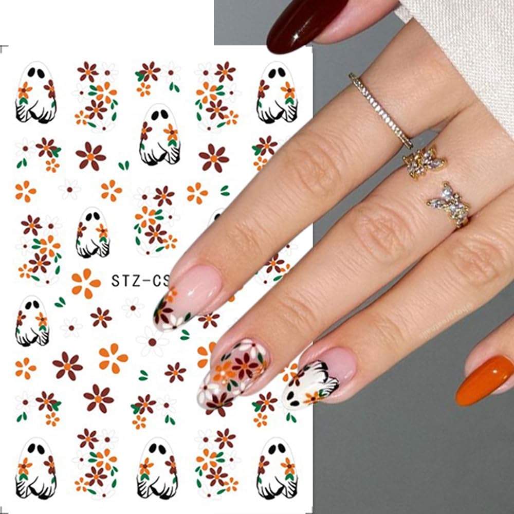 3 Pcs Halloween Nail Art Stickers Decals Cute Ghost Pumpkin 3D Self Adhesive Nail Decals Flower Ghost Nail Design Pumpkin Cats Spider Bats French Manicure Supplies for Women Nail Decor