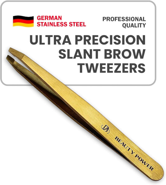 Ultra-Precision Professional Slant Tweezers for Women Facial Hair - German Stainless Steel, Lightweight Black Tweezers for Women & Men, Ideal for Eyebrow & Facial Grooming (Matte Gold)