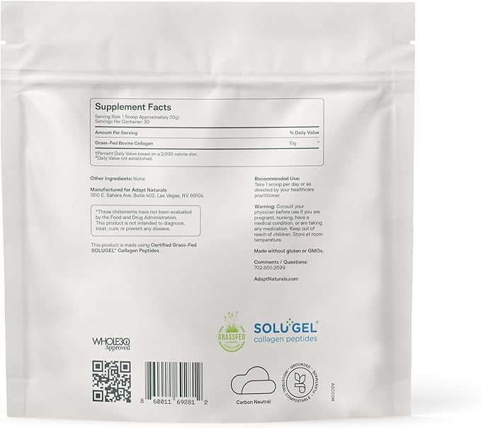 Adapt Naturals Bio-Avail Collagen+, Certified Grass Fed Collagen Peptides, Optimized for Superior Absorption, Naturally-Sourced Bio-Avail Collagen Supplements for Women and Men, 30 Day Supply