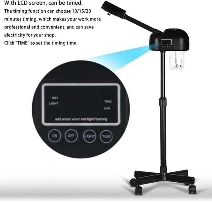 LCD Facial Steamer Professional for Clean Skin, Skin Care Use at Home, Beauty Salon, Spa with Hot Mist, Timer Function, Adjustable Height, Rolling Wheels - Black