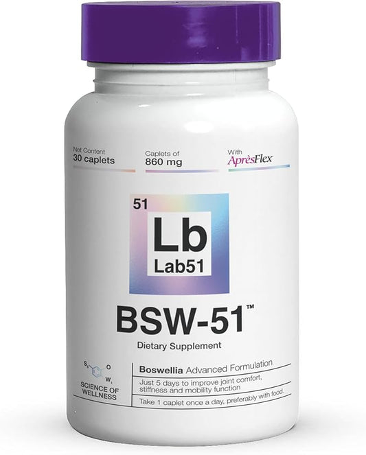 BSW-51 Hyaluronic Acid Supplement – Boswellia Serrata AprèsFlex®, Hyaluronic Acid & Piperine – 30 Caplets, 860mg – Joint Comfort, Mobility & Stronger Cartilage Support