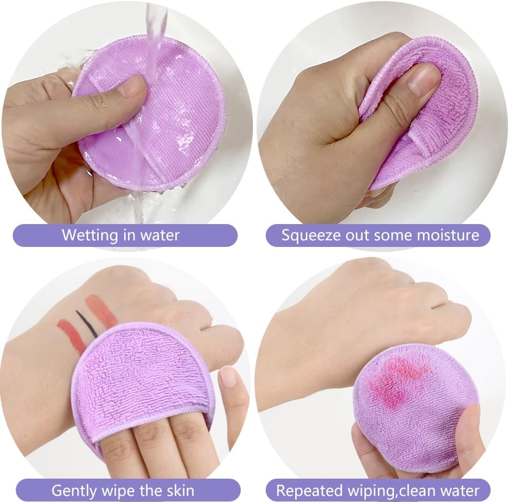 SUNLAND Reusable Makeup Remover Pads for Face,Eye,Lips 16 Pack Microfiber Face Cleansing Gloves Washable with Laundry Bag and Travel Bag Rounds Toner Pads（Round 3.15inchx16 Purple）