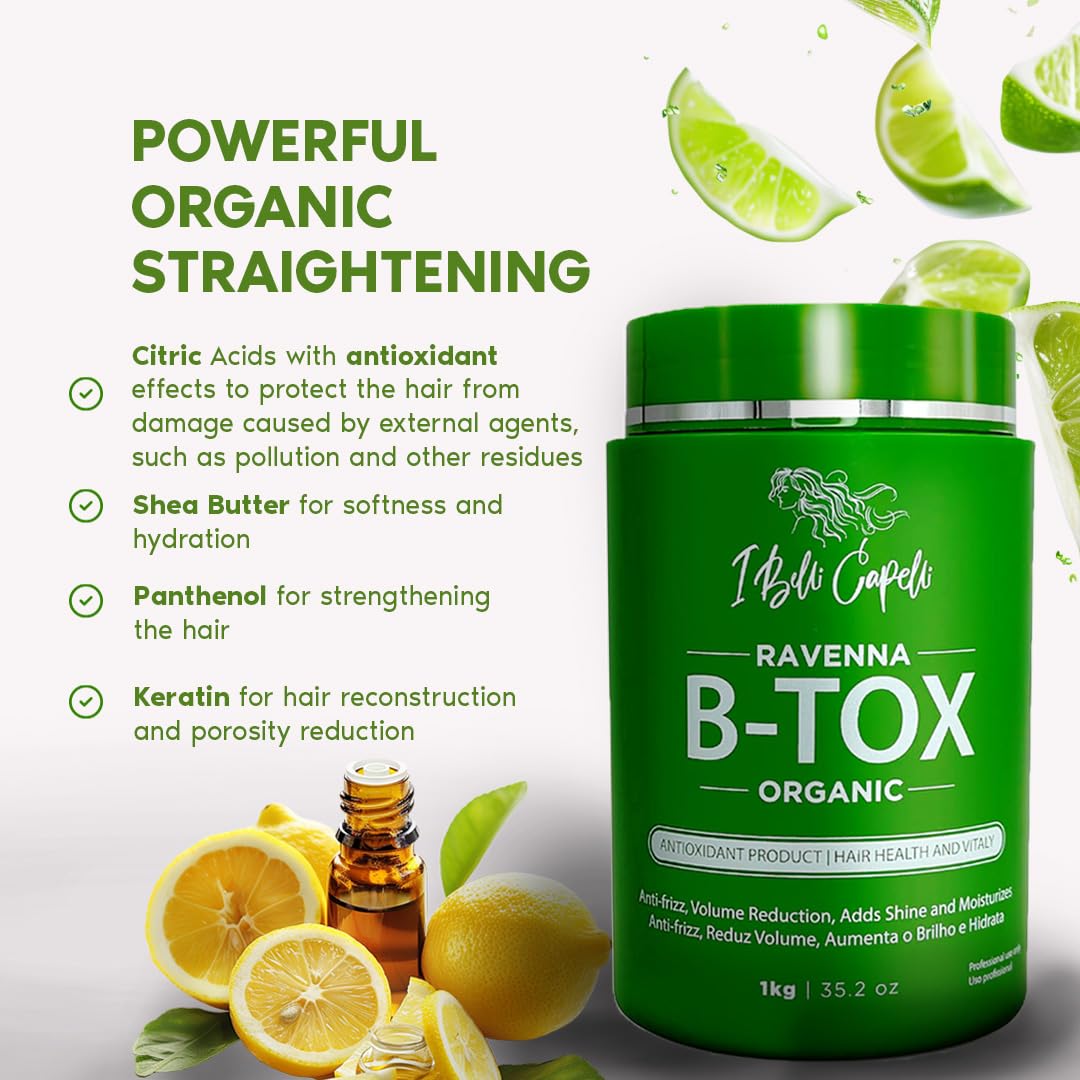I Belli Capelli Ravenna B-tox Organic Hair Mask - Hair Conditioner with Brazilian Keratin, Argan Oil, and Panthenol - Nourishing, Hydrating, Smoothing Treatment - 1L, 2 Pack