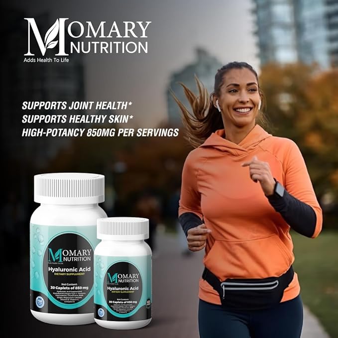 Hyaluronic Acid Supplement, Natural Skin Hydration, Advanced Joint Support and Mobility Booster, Type II Hydrolyzed Collagen, Turmeric, Glucosamine, Chondroitin, 30Caplets 850Mg