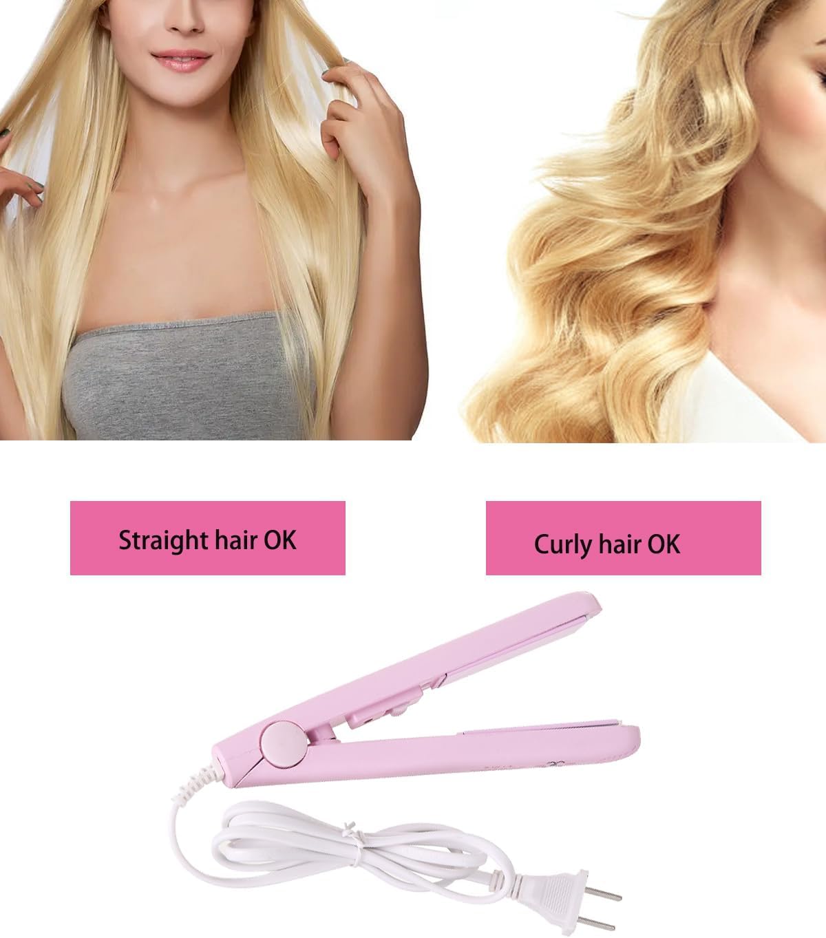 Mini Hair Curler Mini Hair Straightener, Hairstyling Iron Heating Curler,Flat Iron Hair Straightener for Travel Flat Iron Dormitory or Home (Pink)